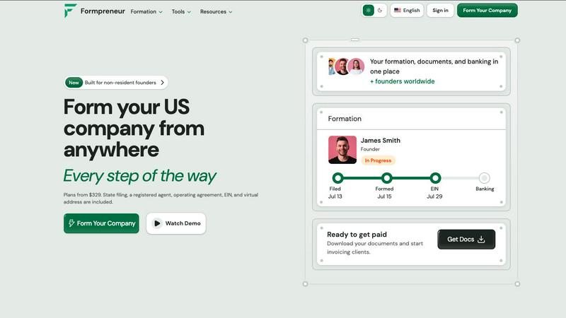 Formpreneur application interface and features