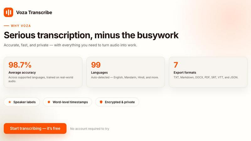 Voza Transcribe application interface and features