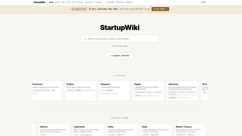 StartupWiki application interface and features